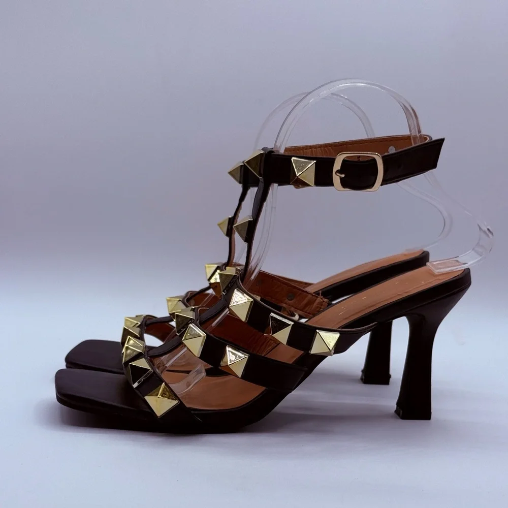 Nicole Miller NY Gold Studded Black Heeled Sandals – Ankle Strap Fashion Heels - Picture 15 of 16